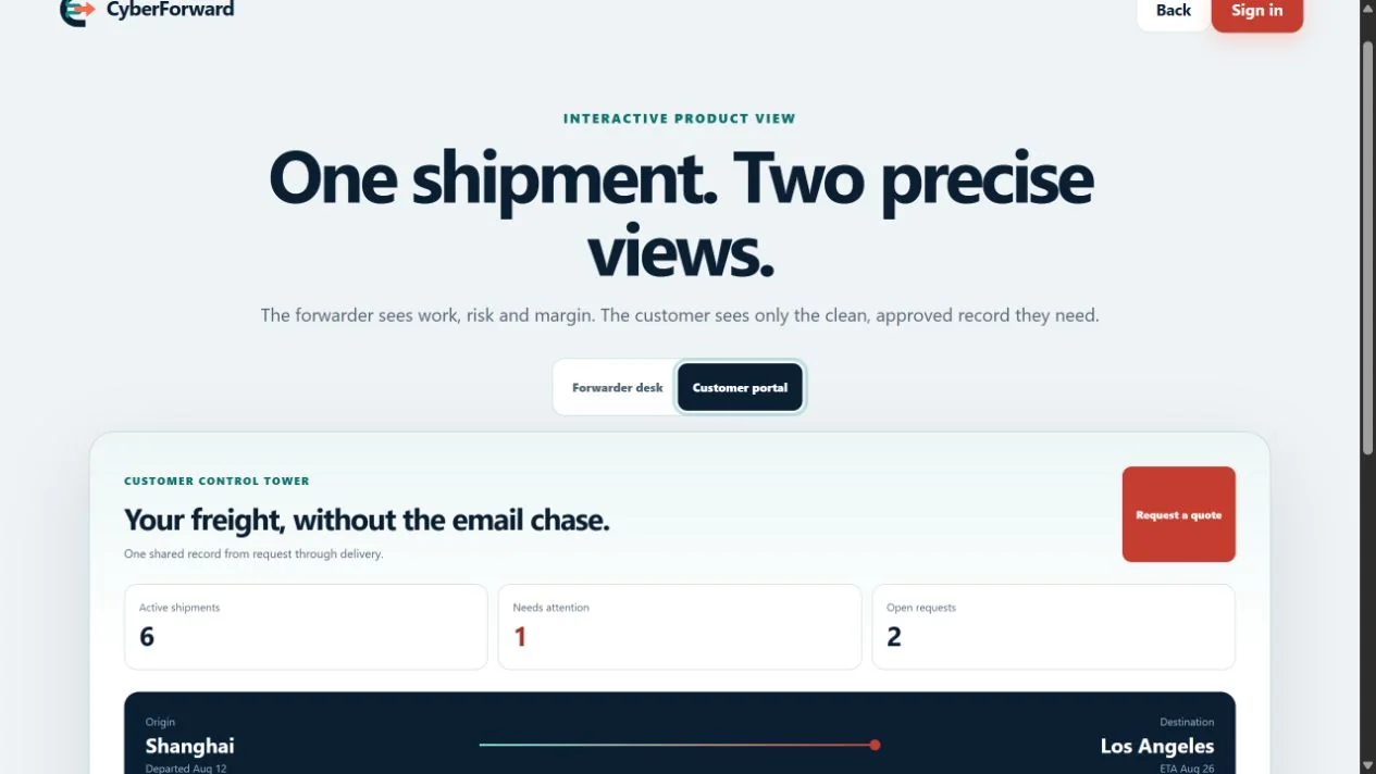 CyberForward live customer portal showing shipment visibility and approved documents
