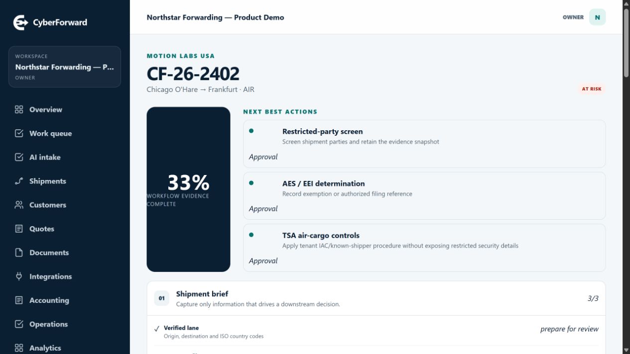CyberForward shipment workflow with progress, next actions and approval gates